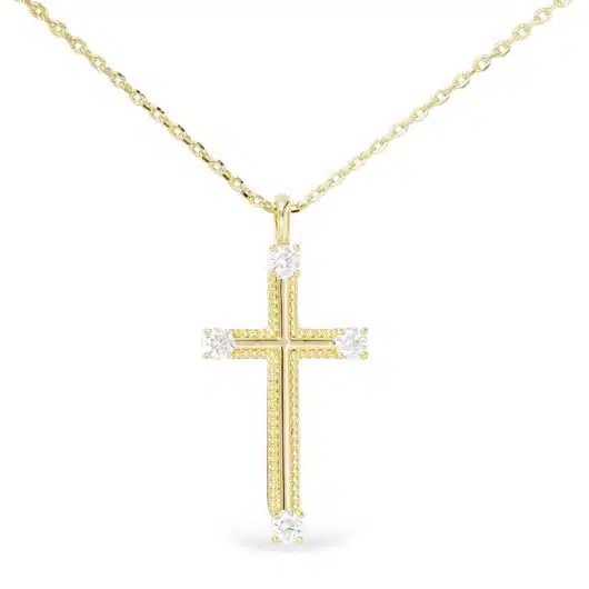 Gold CZ Tipped Texture Detail Cross Necklace