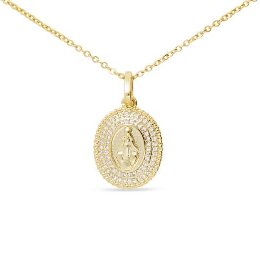Gold CZ Miraculous Medal Necklace