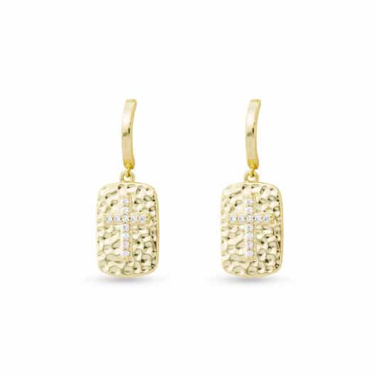 Gold CZ Hammered Pendant Cross Drop Earrings