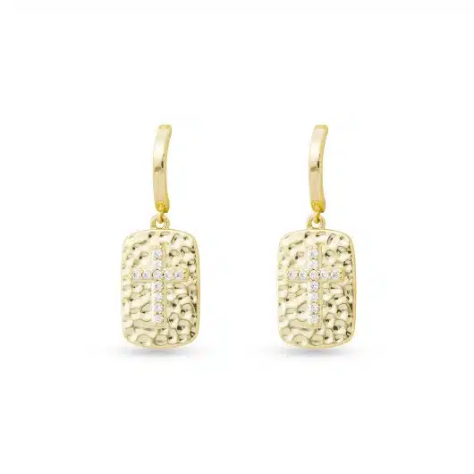 Gold CZ Hammered Pendant Cross Drop Earrings