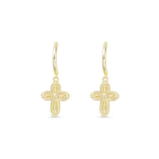 Gold Patterned Small Cross Hoop Drop Earrings