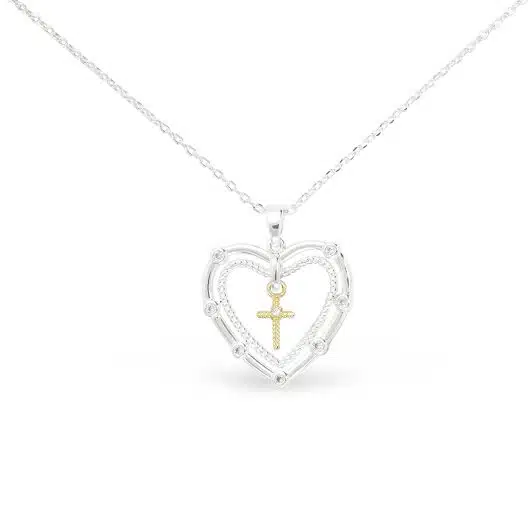 Silver CZ Heart with Gold Cross Necklace
