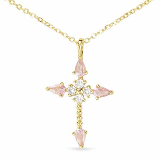 Gold Pink CZ Pear Shape Stone Cross Necklace