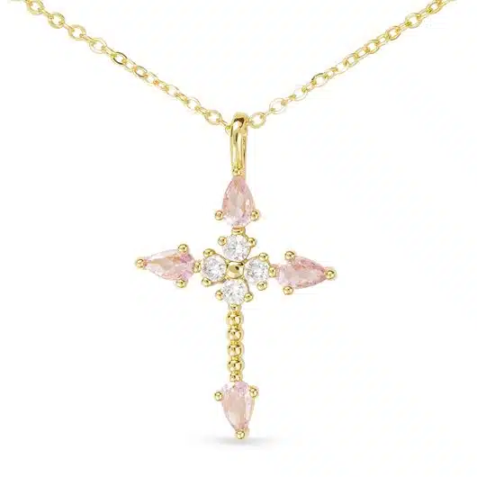 Gold Pink CZ Pear Shape Stone Cross Necklace