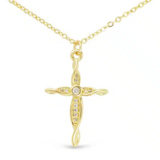 Gold CZ Twisting Cross Necklace