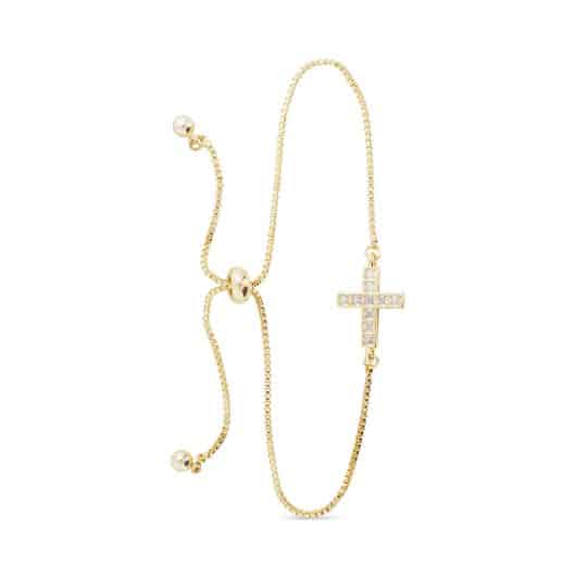 Gold CZ Framed Cross Pull Cord Bracelet