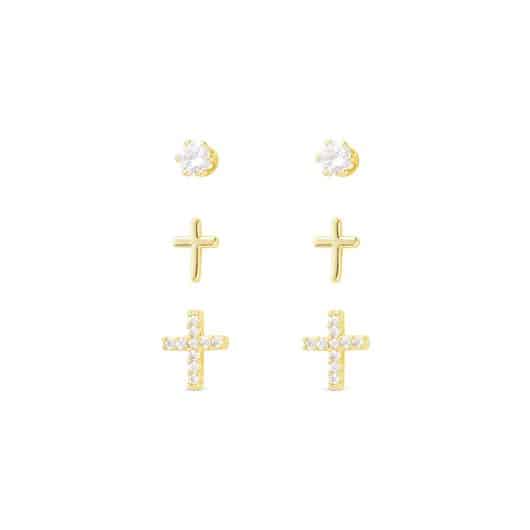 Gold CZ Trio Cross with Stud Earrings