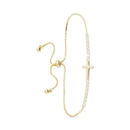Gold CZ and Smooth Cross Pull Cord Bracelet