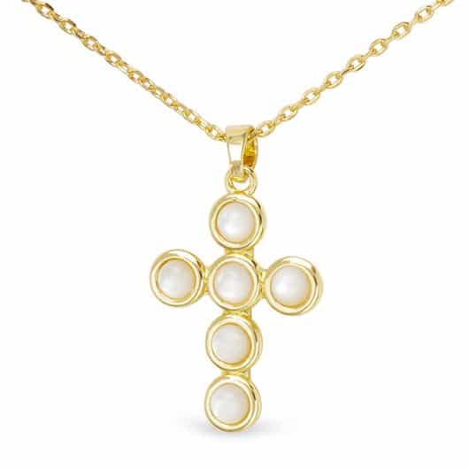 Gold MOP Circle Set Cross Necklace