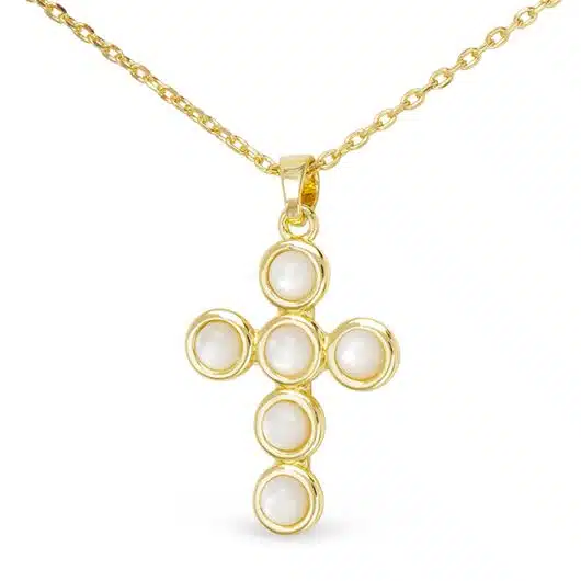 Gold MOP Circle Set Cross Necklace