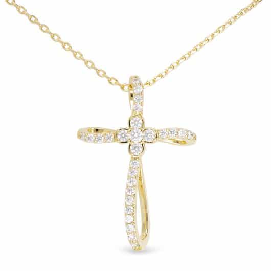 Gold CZ Ribbon and Clover Center Cross Necklace