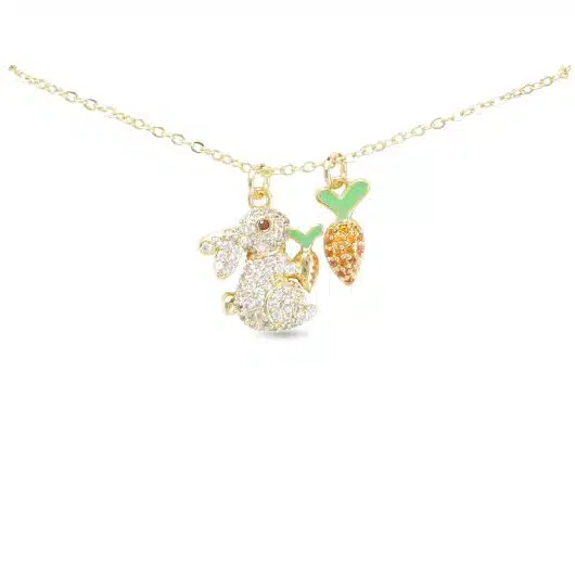 Gold CZ Bunny and Carrot Double Pendant Necklace