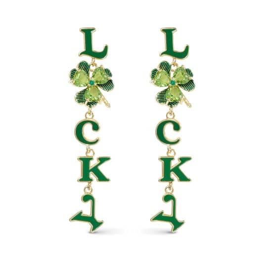 Gold CZ Lucky and Clover Dangle Earrings