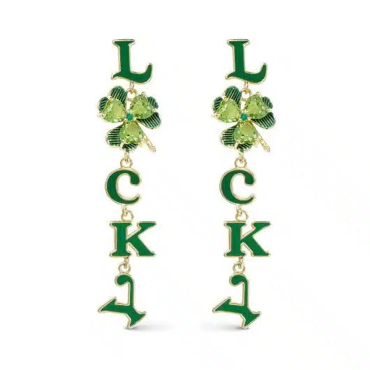 Gold CZ Lucky and Clover Dangle Earrings