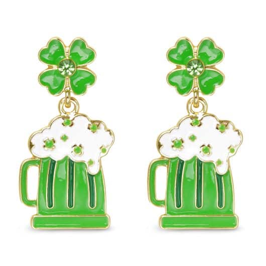 Gold CZ Beer and Four Leaf Clover Dangle Earrings