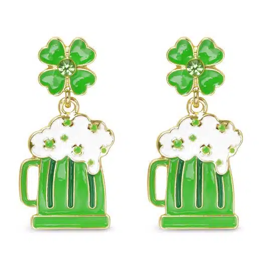 Gold CZ Beer and Four Leaf Clover Dangle Earrings