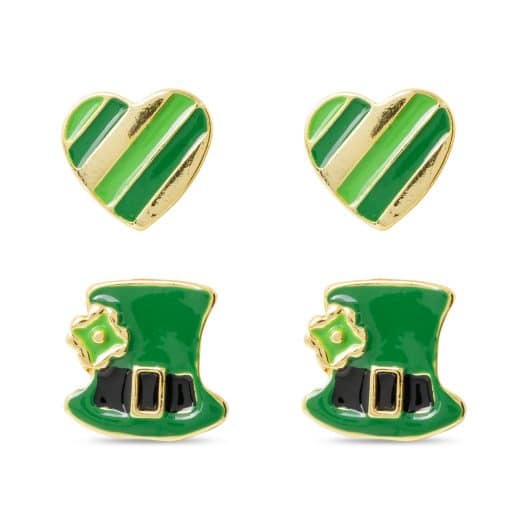 Gold Enamel Heart and Clover Hat Duo Earrings