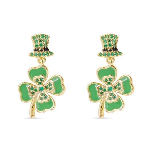 Gold CZ and Enamel Hat and Four Leaf Clover Dangle Earrings