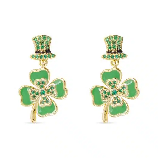 Gold CZ and Enamel Hat and Four Leaf Clover Dangle Earrings