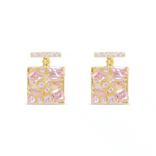 Gold CZ Pink Perfume Bottle Earrings