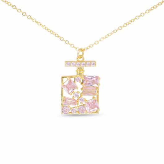 Gold CZ Pink Perfume Bottle Necklace