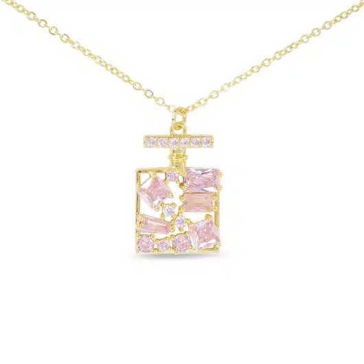 Gold CZ Pink Perfume Bottle Necklace