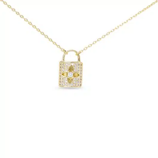 Gold CZ Lock Clover Necklace