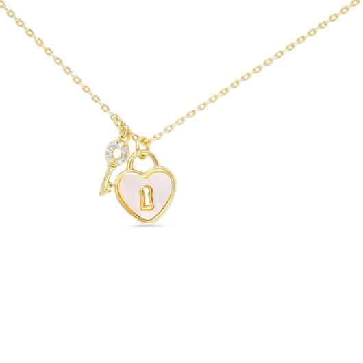 Gold CZ MOP Heart Lock and Key Necklace