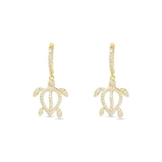 Gold CZ Framed Sea Turtle Earrings