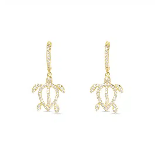 Gold CZ Framed Sea Turtle Earrings