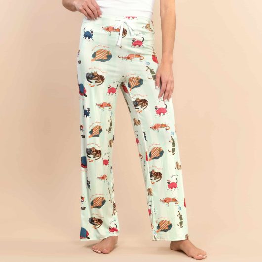 Cat Nap Pajama Pants | Soft Green Striped Kitty PJ Bottoms