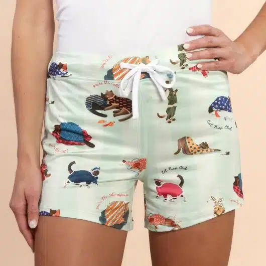 Cat Nap Pajama Shorts | Soft Green Striped Kitty PJ Bottoms
