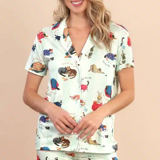 Cat Nap Pajama Top | Soft Green Striped Kitty PJs For Women