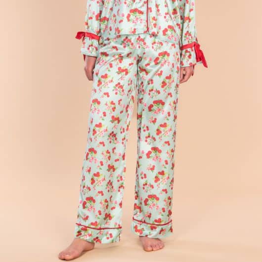 Cherry Blossom Satin Pajama Pants | Blue Silk PJ Bottoms