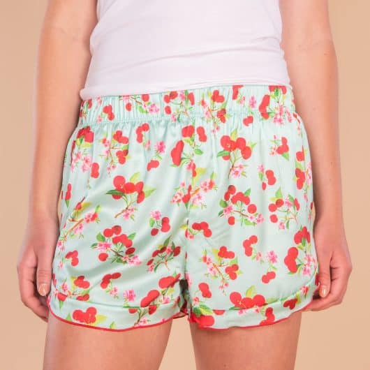 Cherry Blossom Satin Pajama Shorts | Blue Silk PJ Bottoms