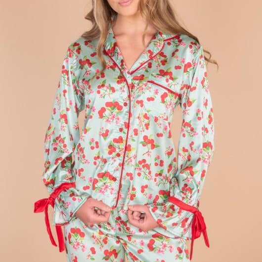 Cherry Blossom Satin Pajama Top | Blue Silk PJs For Women
