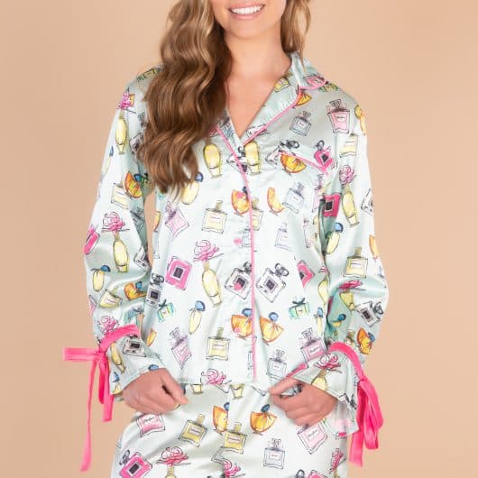 Parfumerie Satin Pajama Top | Blue Silk Perfume Bottles PJs