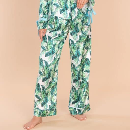 Royal Palm Satin Pajama Pants | Silk Green Leaves PJ Bottoms