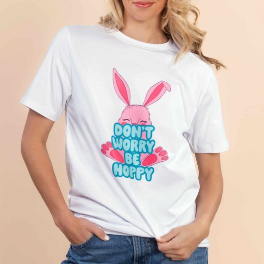 Don't Worry Be Hoppy | Women's White Short-Sleeve Easter Tee